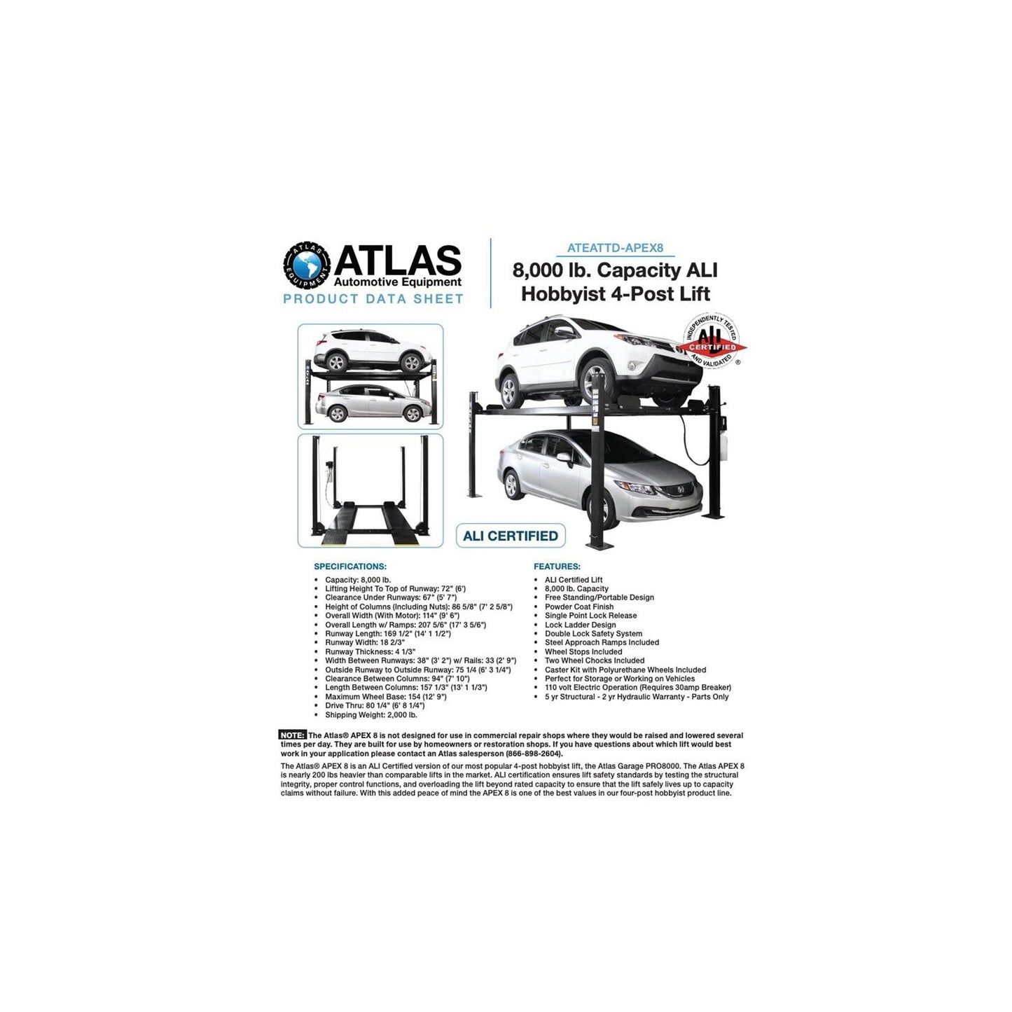 Atlas Apex 8 8,000 lb ALI Certified Portable Four-Post Car Lift