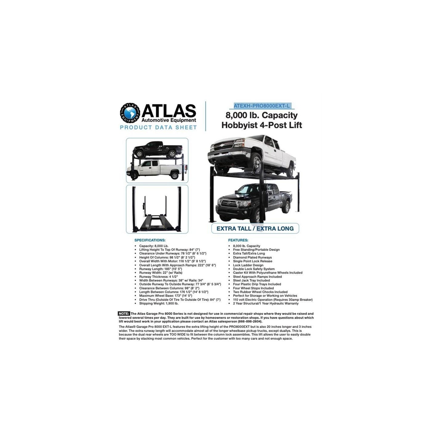 Atlas Garage PRO8000EXT-L 8,000 lb Extra Tall & Extra Long Portable Four-Post Car Lift
