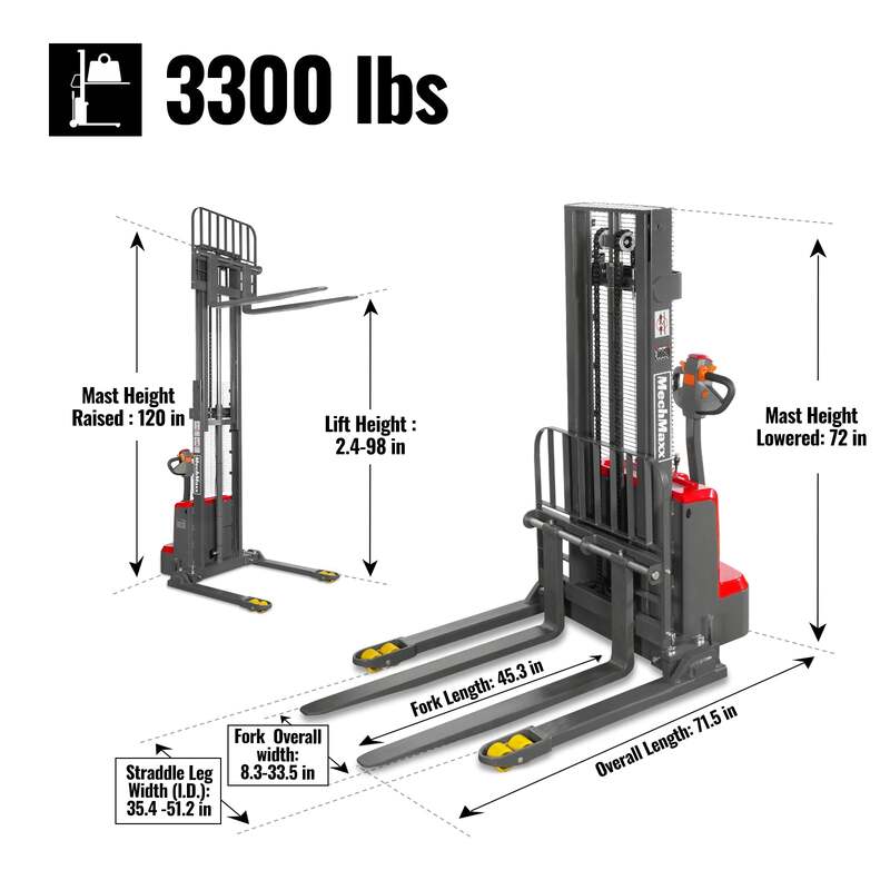 MechMaxx 202009 F33-98S Electric Straddle Stacker 3300 lb Lithium Battery 98" Lift Adjustable Forks & Legs
