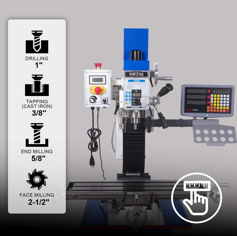 MechMaxx 500203 VM25LD 7" x 27-1/2" Benchtop Mill Drill with DRO – 1.5HP Variable Speed R8 Milling Machine