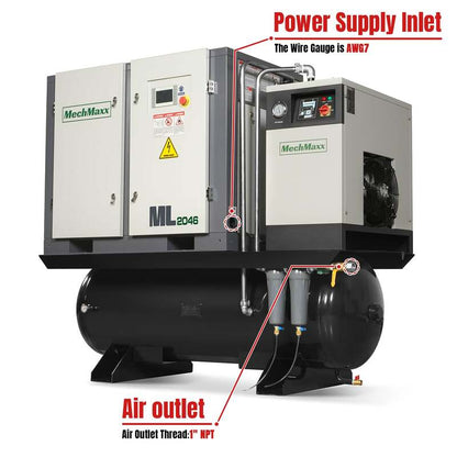 MechMaxx 300021 20HP Rotary Screw Air Compressor with Dryer & 105-Gal Tank – 78 CFM Industrial Air System