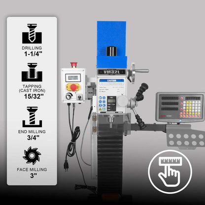 Mechmaxx 500205 8-1/4" × 33" Benchtop Mill Drill Machine with 3-Axis DRO – 2 HP Brushless Motor, Variable Speed, R8 Spindle (VM32LD)