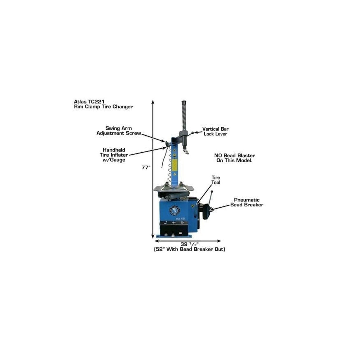 Atlas TC221 Swing Arm Tire Changer | 110V Rim Clamp Wheel Changer for Steel & Alloy Wheels