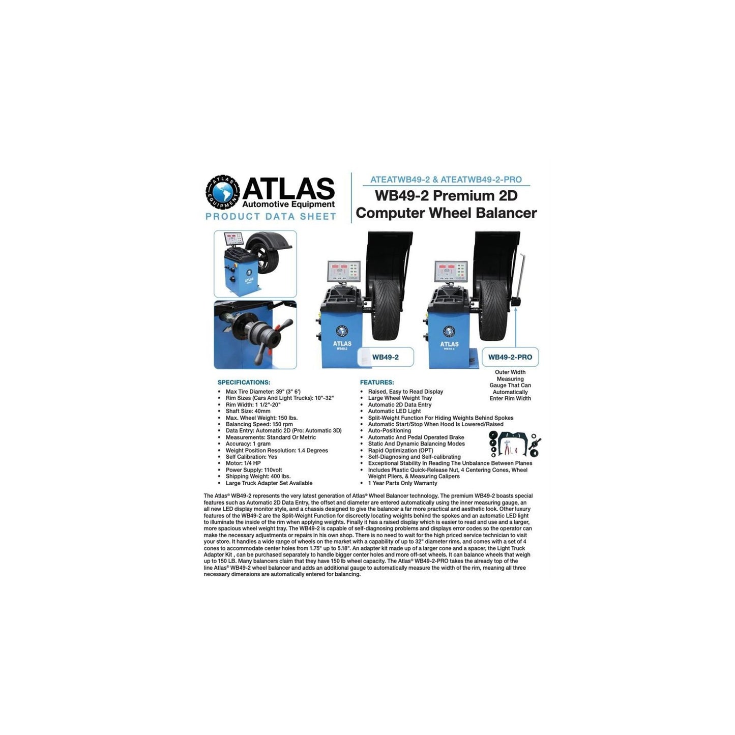 Atlas WB49-2 PRO Computerized Wheel Balancer | Automatic 3D Data Entry | Split-Weight | 10"–32" Rim Capacity | 110V