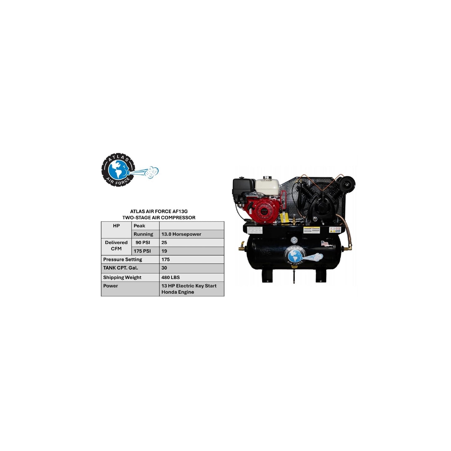 Atlas Air Force AF13G Gas Air Compressor | Honda GX390 13 HP Electric Start | 30 Gallon | 2-Stage | 25 CFM