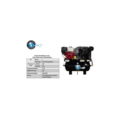 Atlas Air Force AF13G Gas Air Compressor | Honda GX390 13 HP Electric Start | 30 Gallon | 2-Stage | 25 CFM