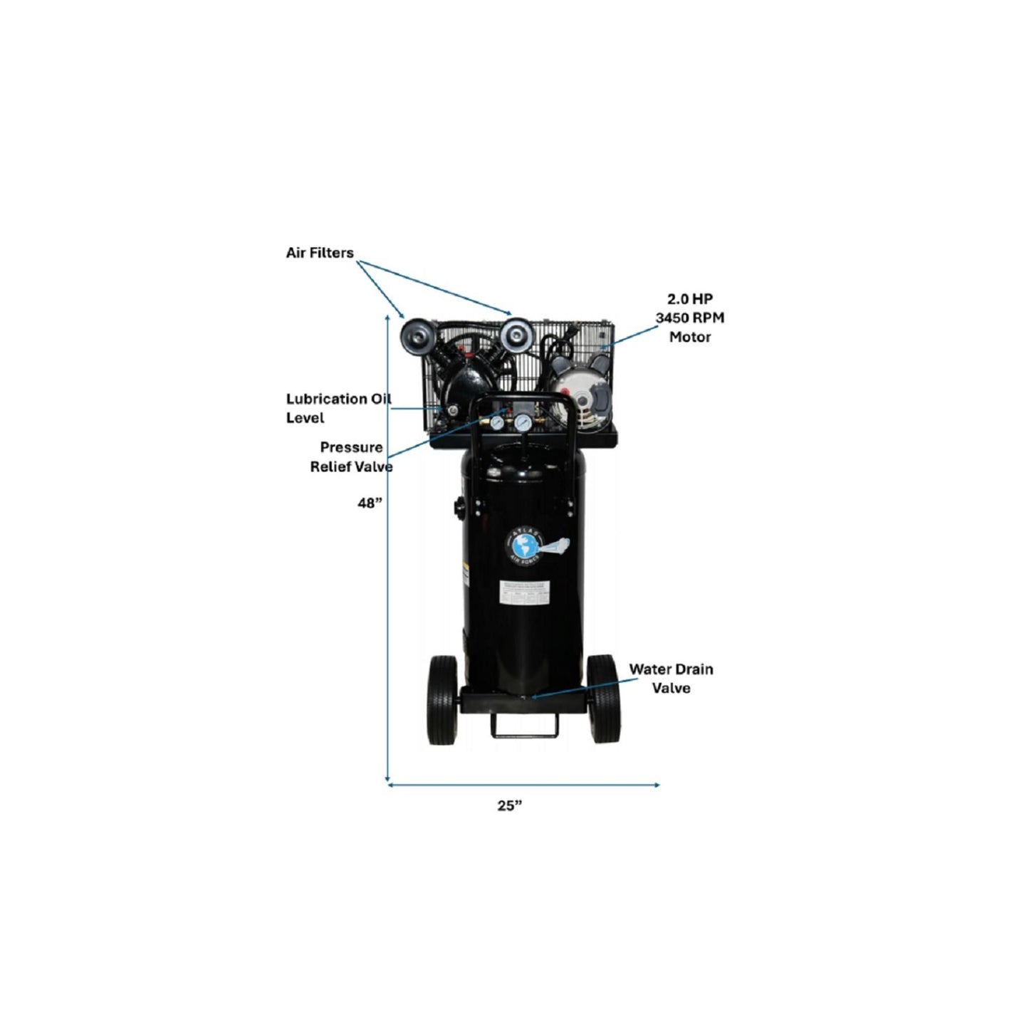 Atlas Air Force AF2 20 Gallon Portable Air Compressor | 1.8 HP | 110V | 125 PSI | 6.0 CFM @ 90 PSI