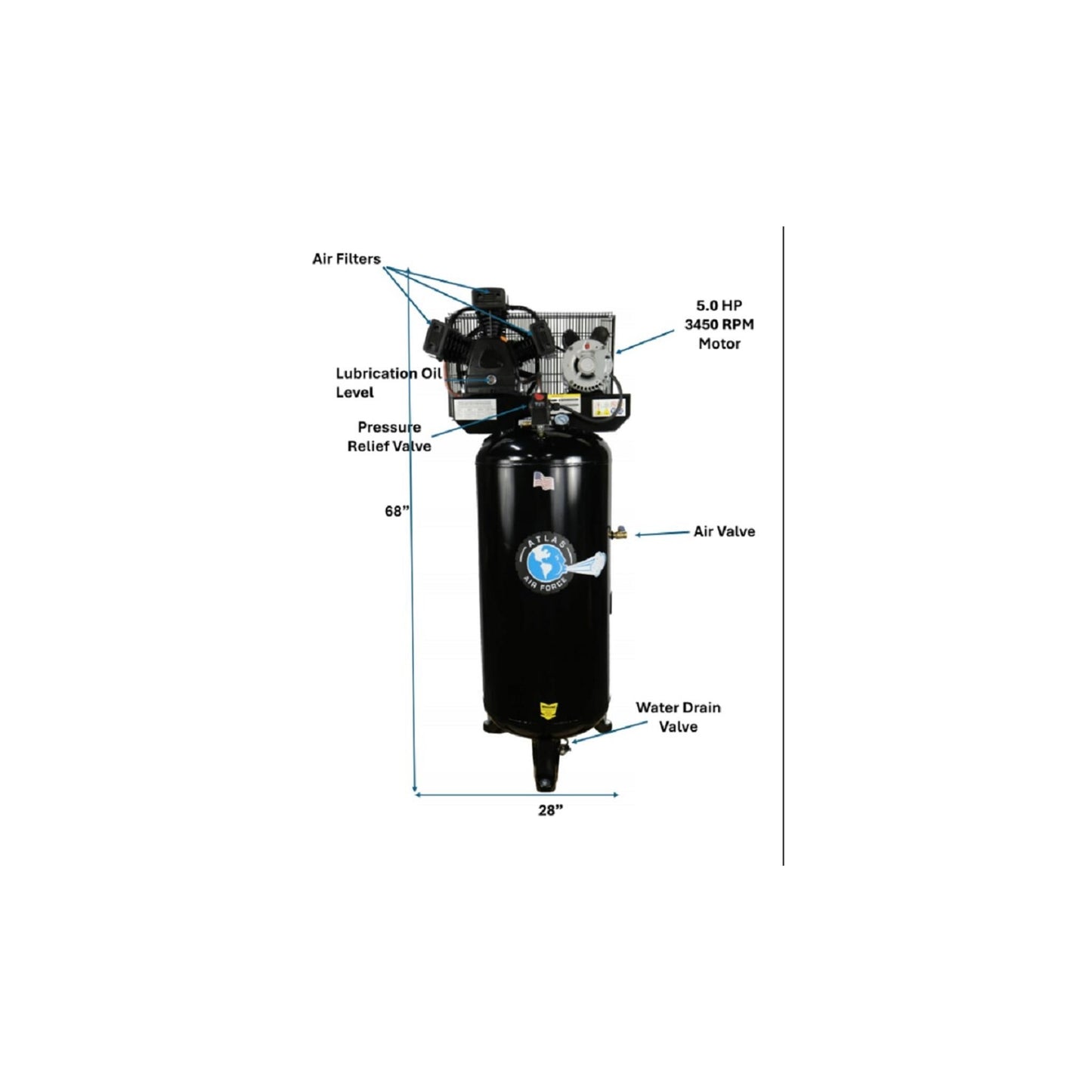 Atlas Air Force AF5 60 Gallon Air Compressor | 5 HP | 220V Single Phase | 18 CFM @ 90 PSI | Vertical Shop Compressor