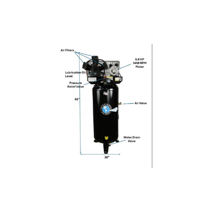 Atlas Air Force AF5 60 Gallon Air Compressor | 5 HP | 220V Single Phase | 18 CFM @ 90 PSI | Vertical Shop Compressor