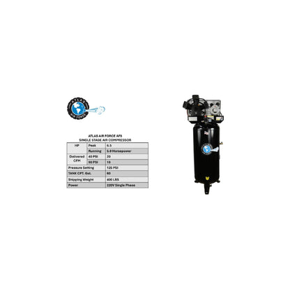 Atlas Air Force AF5 60 Gallon Air Compressor | 5 HP | 220V Single Phase | 18 CFM @ 90 PSI | Vertical Shop Compressor
