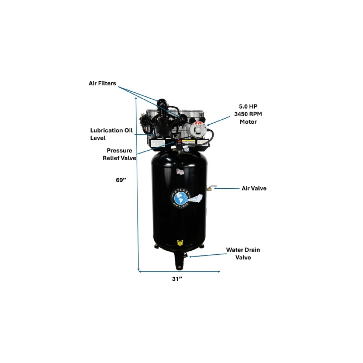 Atlas Air Force AF6 80 Gallon 2-Stage Air Compressor | 5 HP | 220V Single Phase | 175 PSI | 18.5 CFM @ 145 PSI