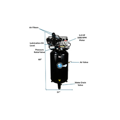 Atlas Air Force AF6 80 Gallon 2-Stage Air Compressor | 5 HP | 220V Single Phase | 175 PSI | 18.5 CFM @ 145 PSI
