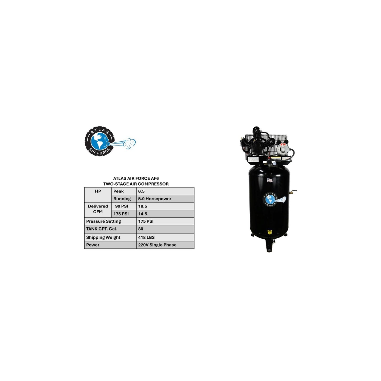 Atlas Air Force AF6 80 Gallon 2-Stage Air Compressor | 5 HP | 220V Single Phase | 175 PSI | 18.5 CFM @ 145 PSI