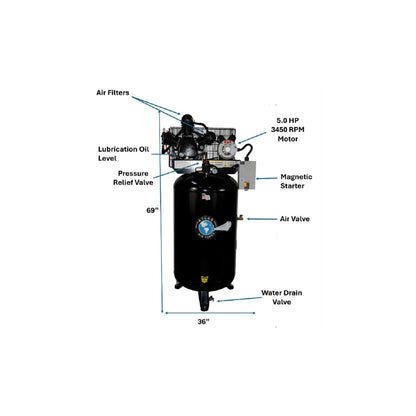 Atlas Air Force AF7 80 Gallon 2-Stage Air Compressor | 5 HP Low RPM | Magnetic Starter | 220V Single Phase | 175 PSI