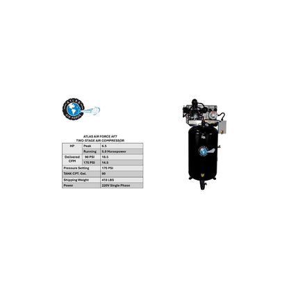 Atlas Air Force AF7 80 Gallon 2-Stage Air Compressor | 5 HP Low RPM | Magnetic Starter | 220V Single Phase | 175 PSI
