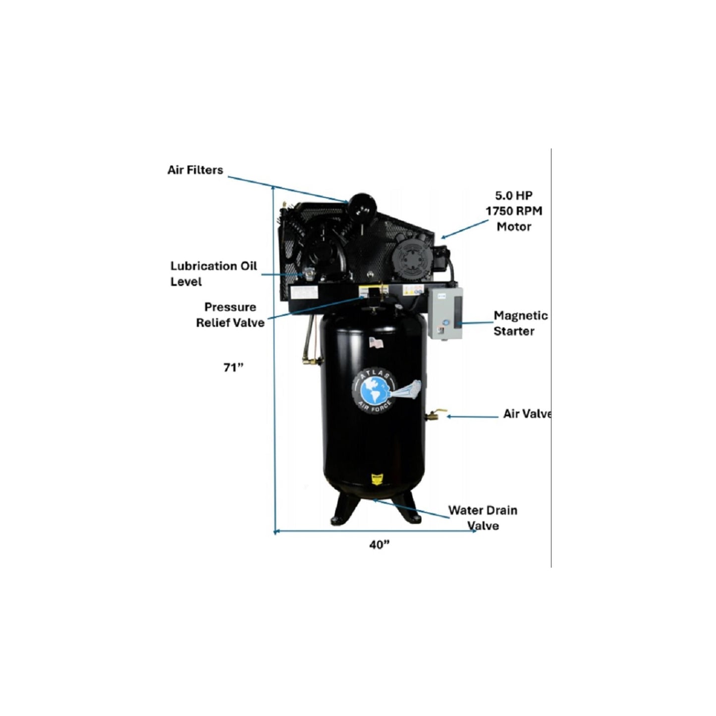 Atlas Air Force AF8 80 Gallon Commercial Air Compressor | 5 HP | 2-Stage | 220V Single Phase | 20 CFM @ 145 PSI
