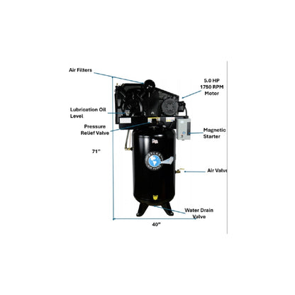 Atlas Air Force AF8 80 Gallon Commercial Air Compressor | 5 HP | 2-Stage | 220V Single Phase | 20 CFM @ 145 PSI