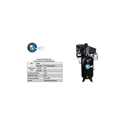Atlas Air Force AF9 80 Gallon Commercial Air Compressor | 7.5 HP | 2-Stage | 220V Single Phase | 23 CFM @ 90 PSI