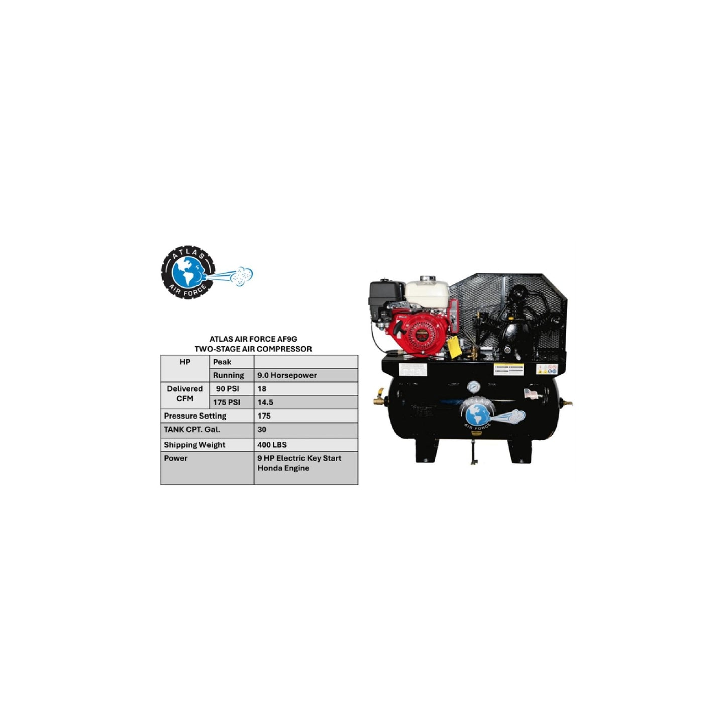 Atlas Air Force AF9G Gas Air Compressor | Honda GX270 9 HP Electric Start | 30 Gallon | 2-Stage | 175 PSI