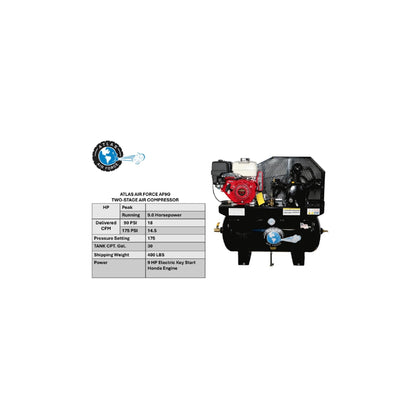 Atlas Air Force AF9G Gas Air Compressor | Honda GX270 9 HP Electric Start | 30 Gallon | 2-Stage | 175 PSI