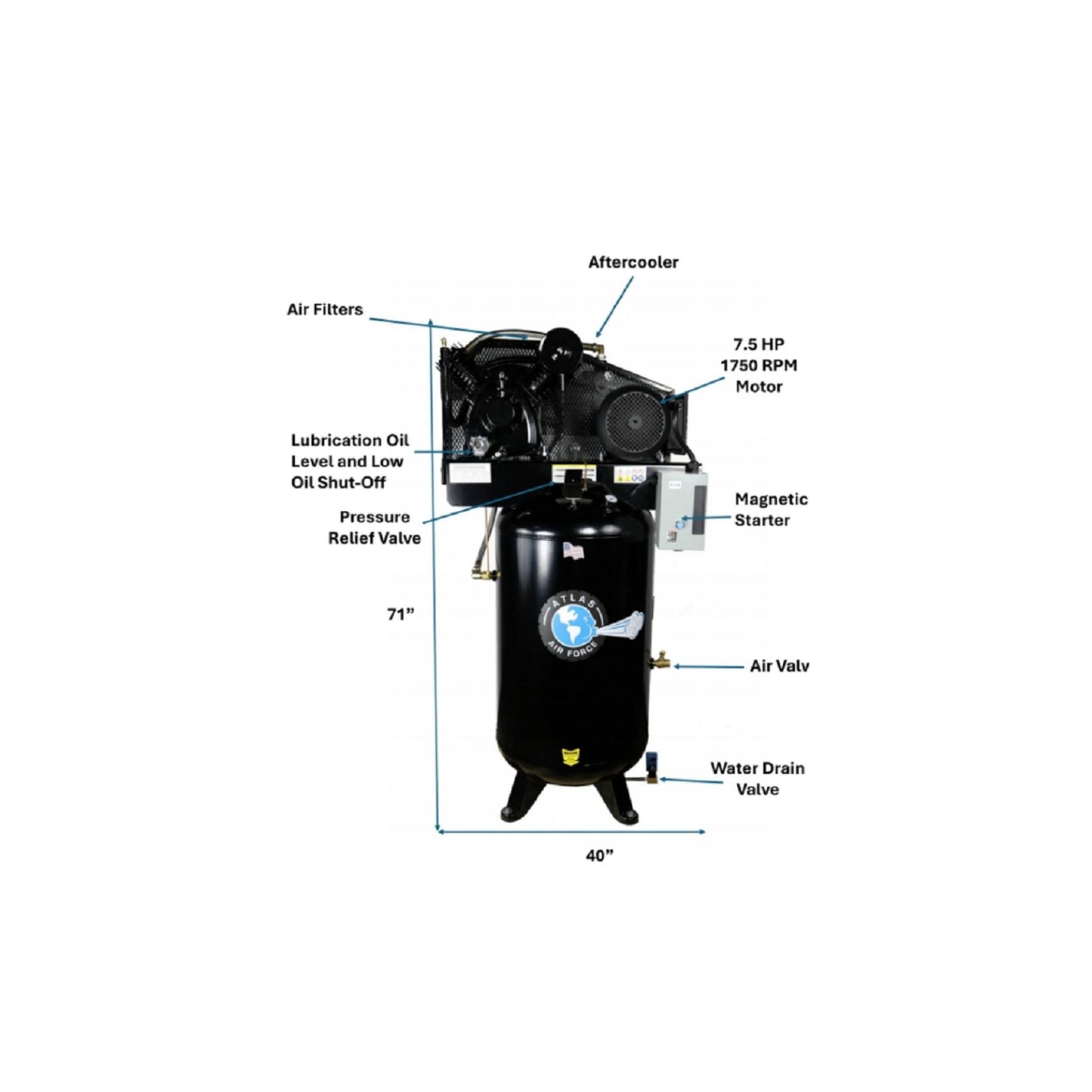 Atlas Air Force AF9P 80 Gallon Air Compressor | 7.5 HP | Plus Package | 2-Stage | 220V Single Phase | 23 CFM