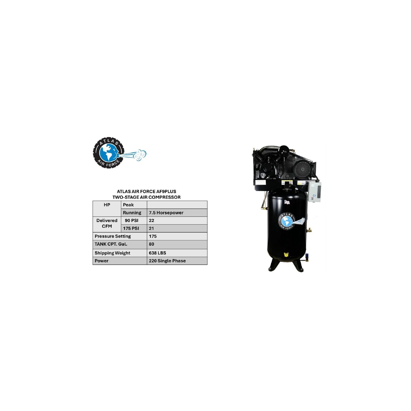 Atlas Air Force AF9P 80 Gallon Air Compressor | 7.5 HP | Plus Package | 2-Stage | 220V Single Phase | 23 CFM