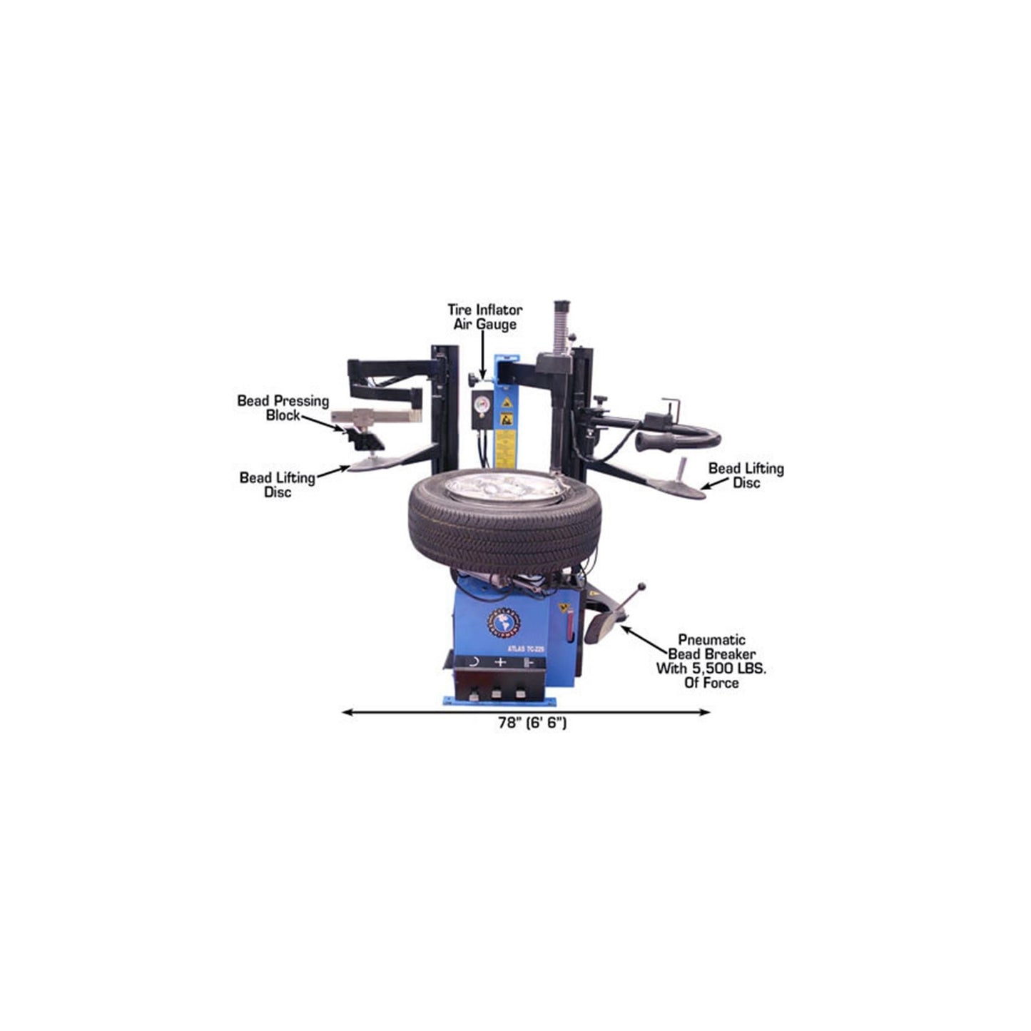Atlas TC229DAA Swing Arm Tire Changer with Dual Assist Arms & Bead Blaster | 110V Professional Rim Clamp Wheel Changer