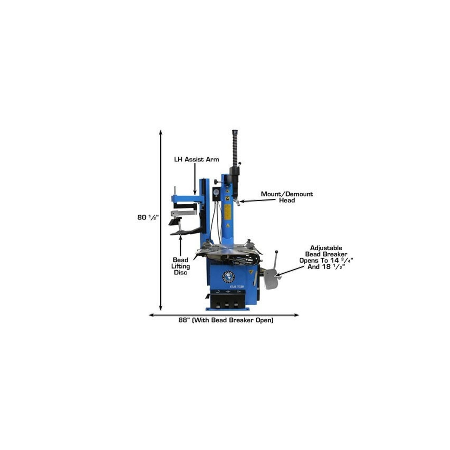Atlas TC289LH Large Swing Arm Tire Changer with Left-Hand Assist Arm & Bead Blaster | 110V Professional Rim Clamp Wheel Changer