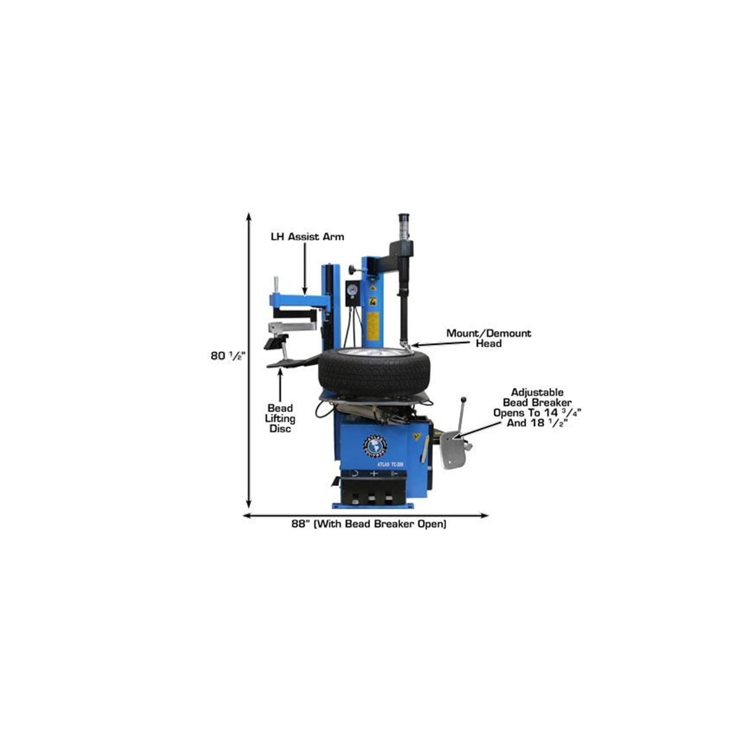 Atlas TC289LH Large Swing Arm Tire Changer with Left-Hand Assist Arm & Bead Blaster | 110V Professional Rim Clamp Wheel Changer