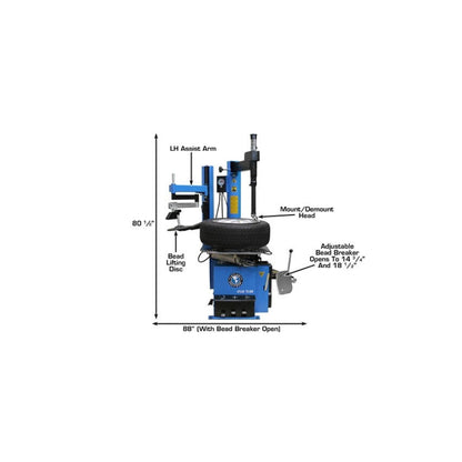 Atlas TC289LH Large Swing Arm Tire Changer with Left-Hand Assist Arm & Bead Blaster | 110V Professional Rim Clamp Wheel Changer