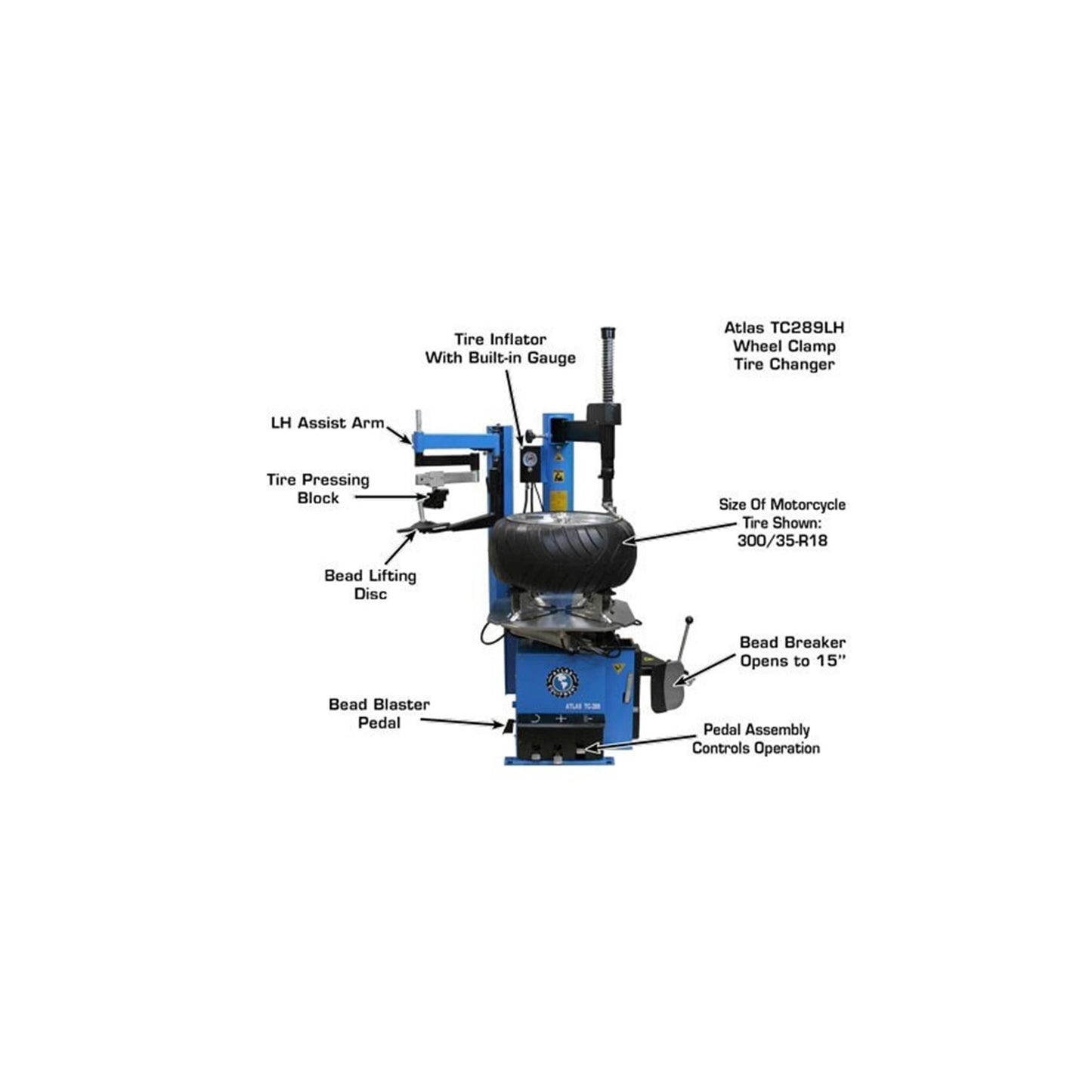 Atlas TC289LH Large Swing Arm Tire Changer with Left-Hand Assist Arm & Bead Blaster | 110V Professional Rim Clamp Wheel Changer