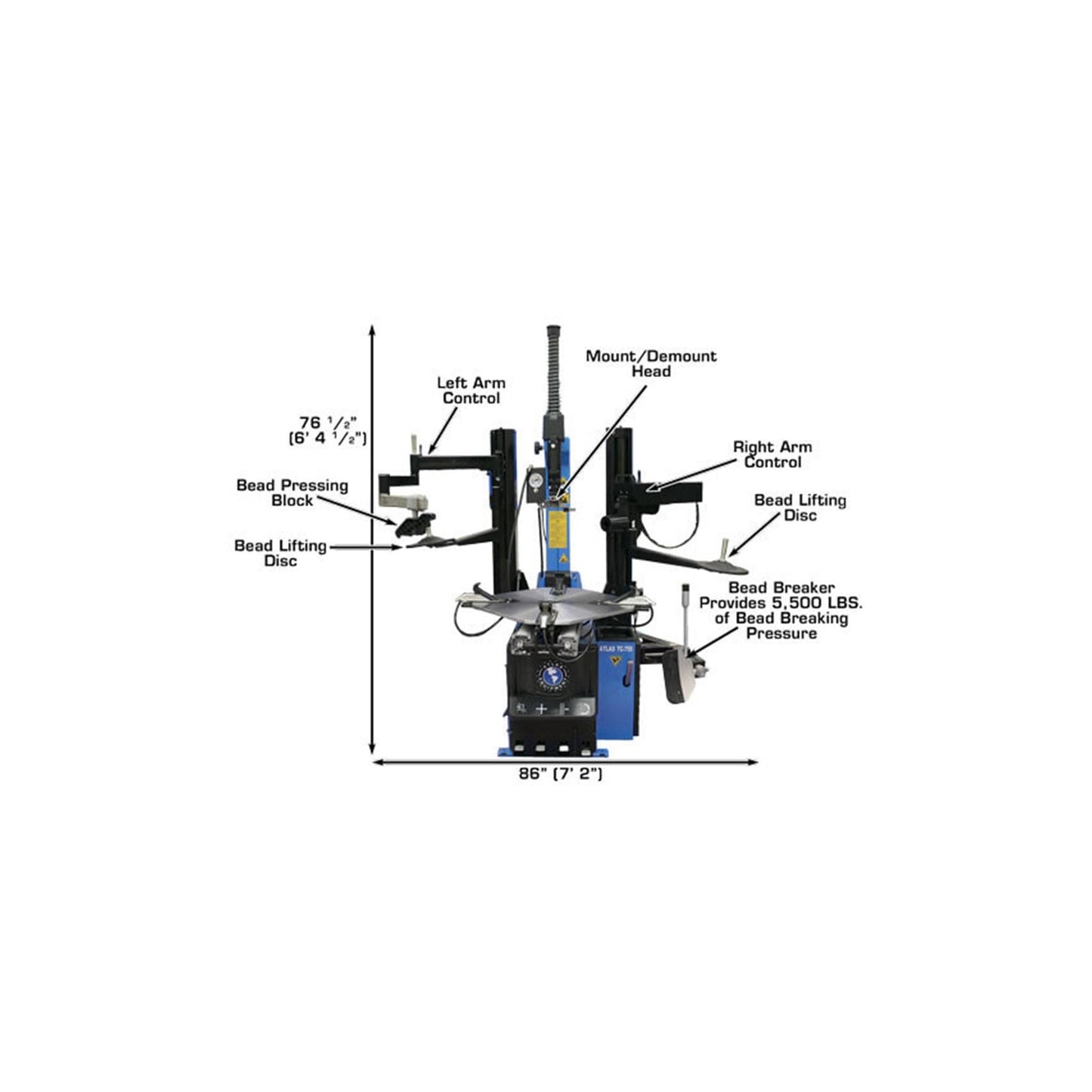 Atlas TC755 Tilt-Back Tire Changer with Bead Blaster | 110V Professional Rim Clamp Wheel Changer