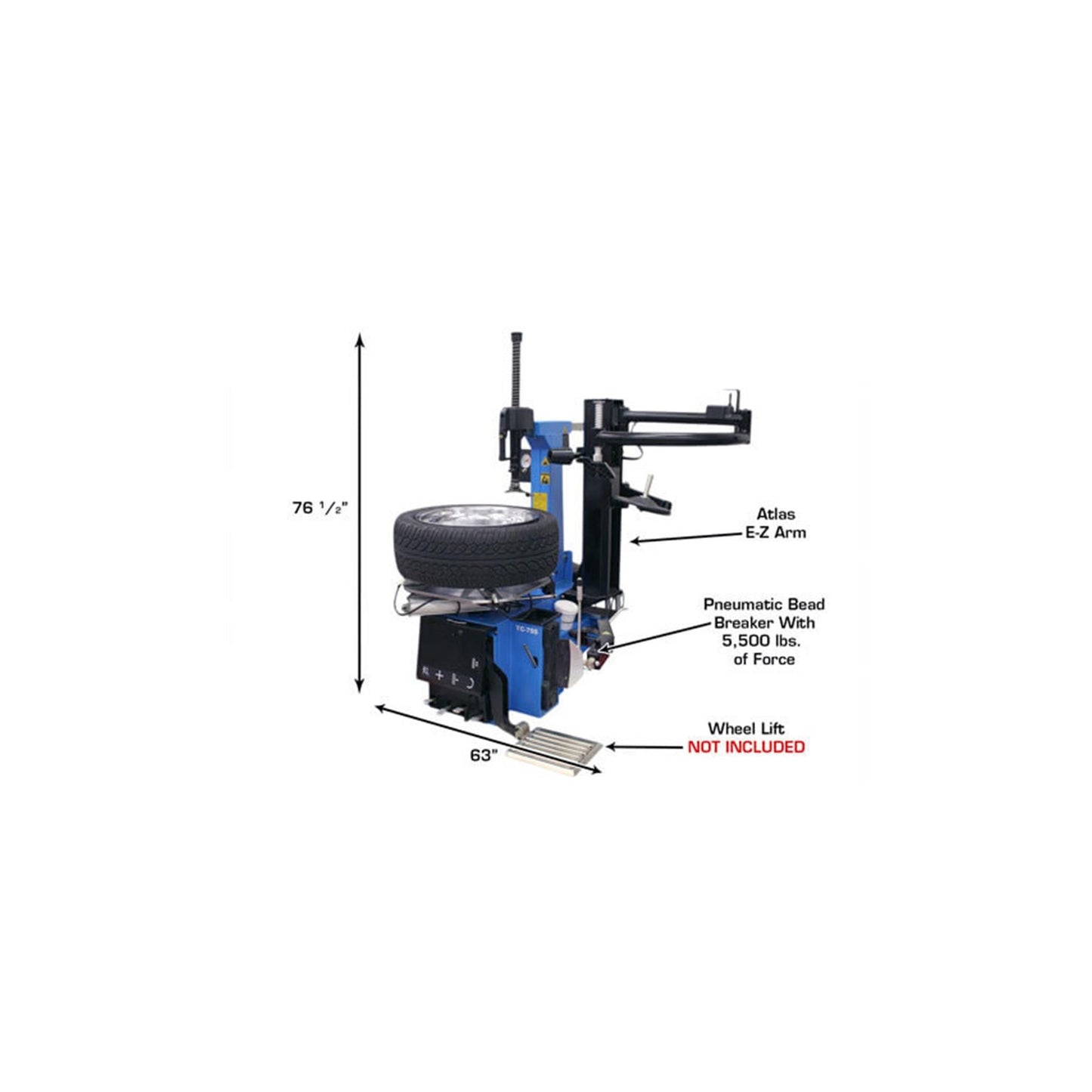 Atlas TC755EZ Tilt-Back Tire Changer with E-Z Assist Arm & Bead Blaster | 110V Professional Rim Clamp Wheel Changer
