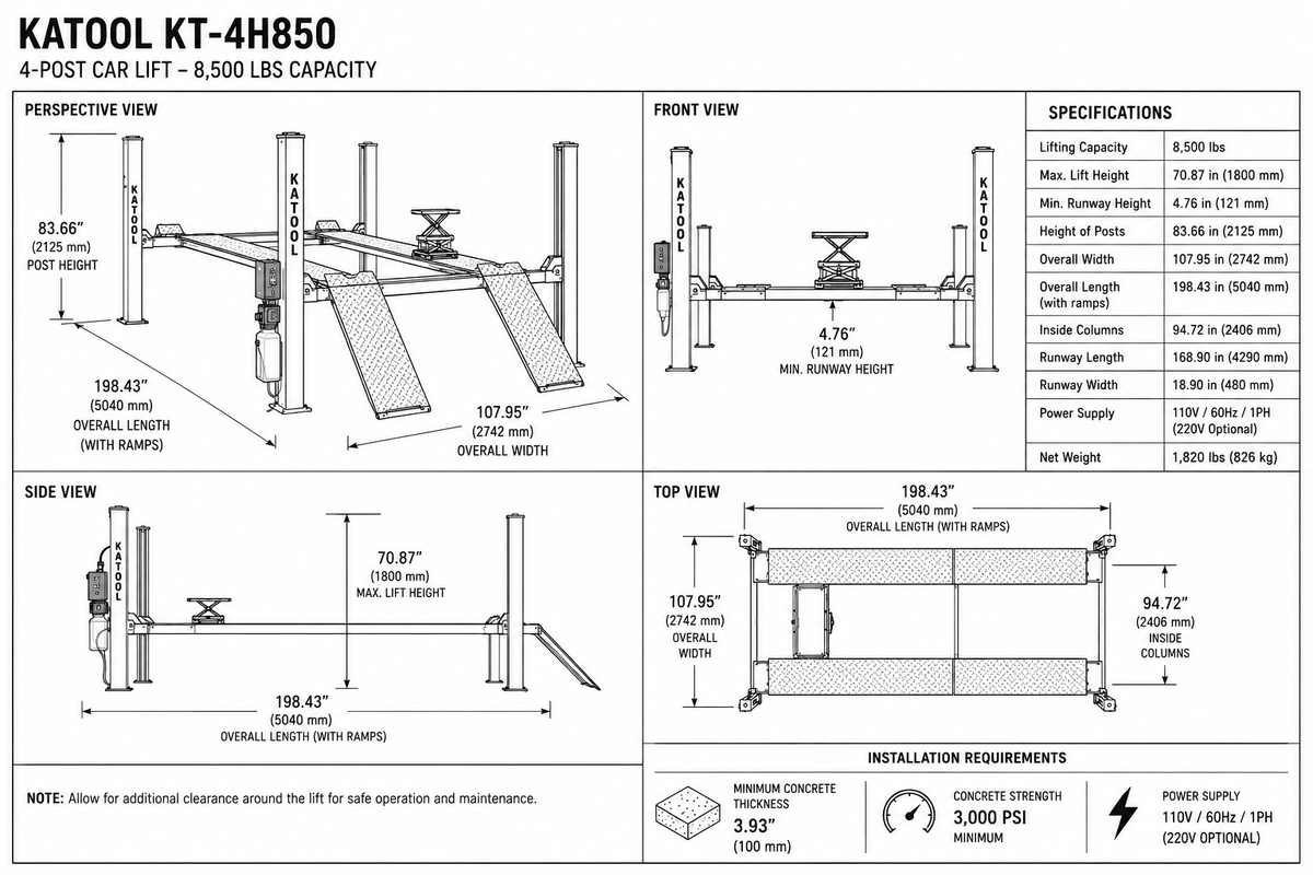 Katool KT-4H850 8,500lbs Heavy Duty 4 Post lift