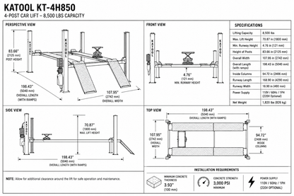 Katool KT-4H850 8,500lbs Heavy Duty 4 Post lift