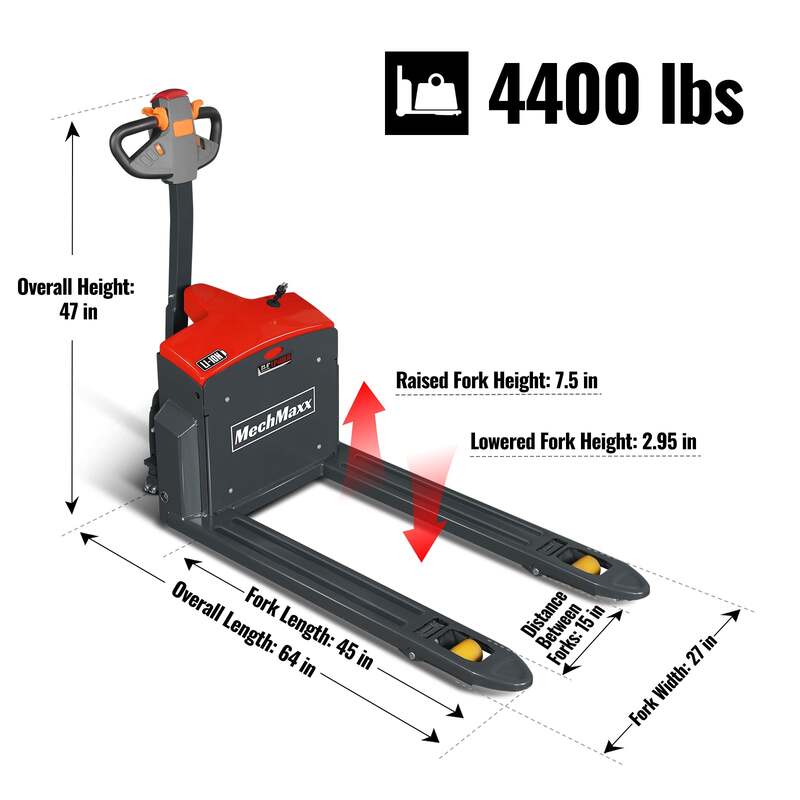 MechMaxx 202011 EPT44 Electric Pallet Jack 4400 lb Lithium Battery Walkie Pallet Truck 45" x 27" Forks