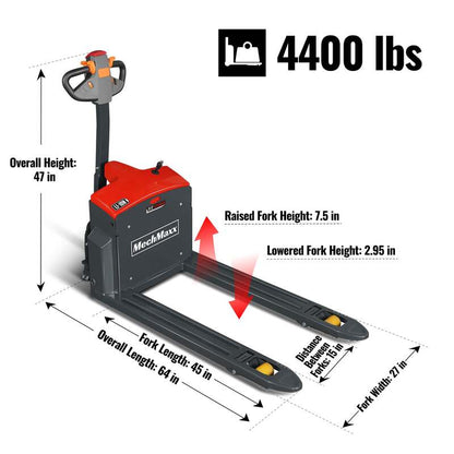 MechMaxx 202011 EPT44 Electric Pallet Jack 4400 lb Lithium Battery Walkie Pallet Truck 45" x 27" Forks