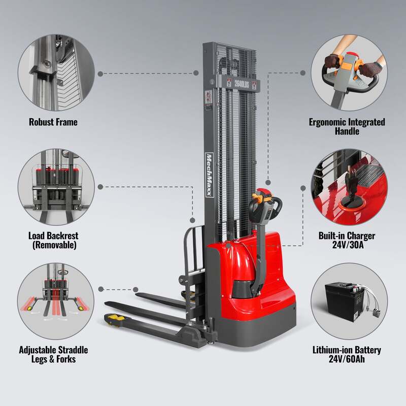 MechMaxx 202008 F26-138S Electric Straddle Stacker 2640 lb Lithium Battery 138" Lift Adjustable Forks & Legs