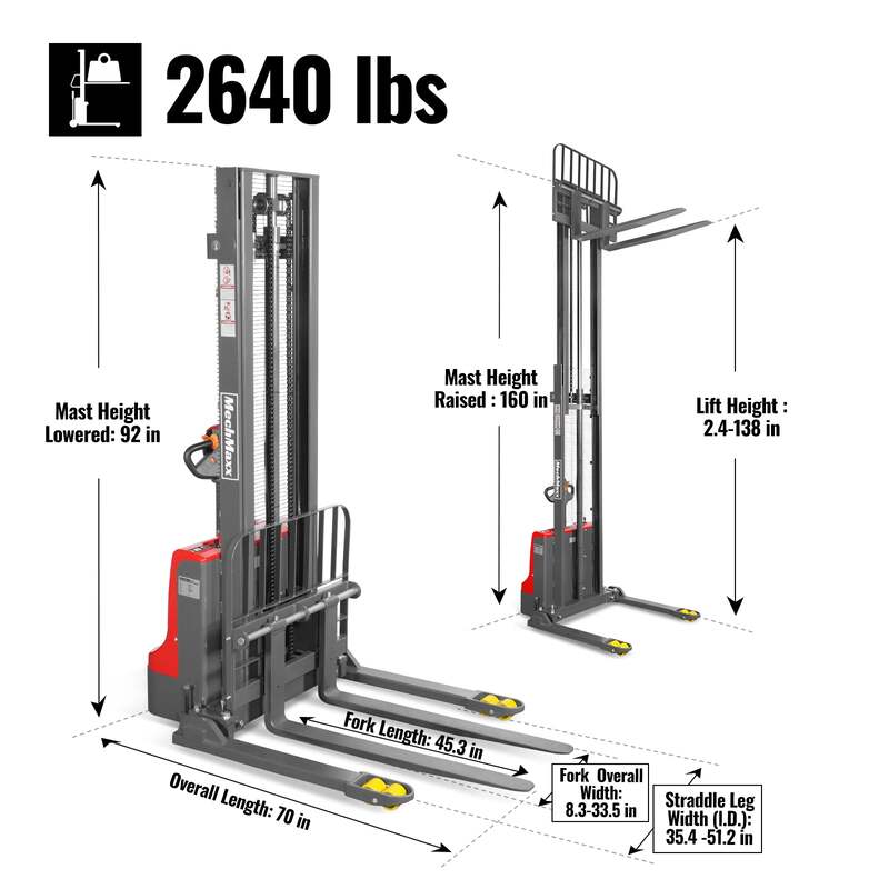 MechMaxx 202008 F26-138S Electric Straddle Stacker 2640 lb Lithium Battery 138" Lift Adjustable Forks & Legs
