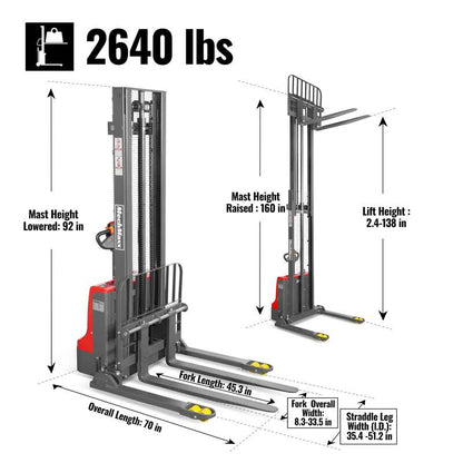 MechMaxx 202008 F26-138S Electric Straddle Stacker 2640 lb Lithium Battery 138" Lift Adjustable Forks & Legs