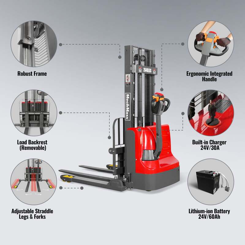 MechMaxx 202013 F26-98S Electric Straddle Stacker 2640 lb Lithium Battery 98" Lift Adjustable Forks & Legs