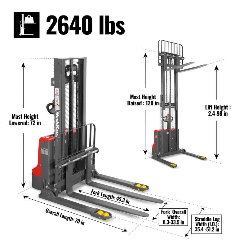 MechMaxx 202013 F26-98S Electric Straddle Stacker 2640 lb Lithium Battery 98" Lift Adjustable Forks & Legs