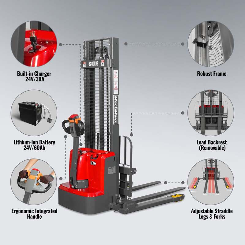 MechMaxx 202010 F33-118S Electric Straddle Stacker 3300 lb Capacity 118" Lift Adjustable Forks & Legs (SKU: 202010)