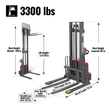 MechMaxx 202010 F33-118S Electric Straddle Stacker 3300 lb Capacity 118" Lift Adjustable Forks & Legs (SKU: 202010)