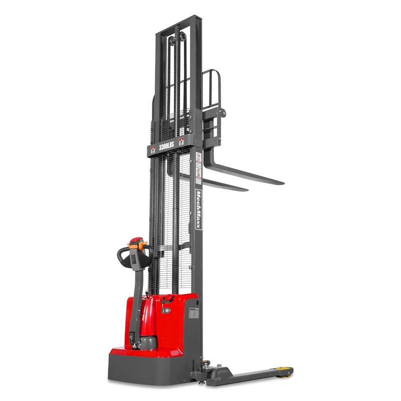 MechMaxx  202014 F33-138S Electric Straddle Stacker – 3300 lb Capacity, 138" Lift Height, Adjustable Forks & Legs