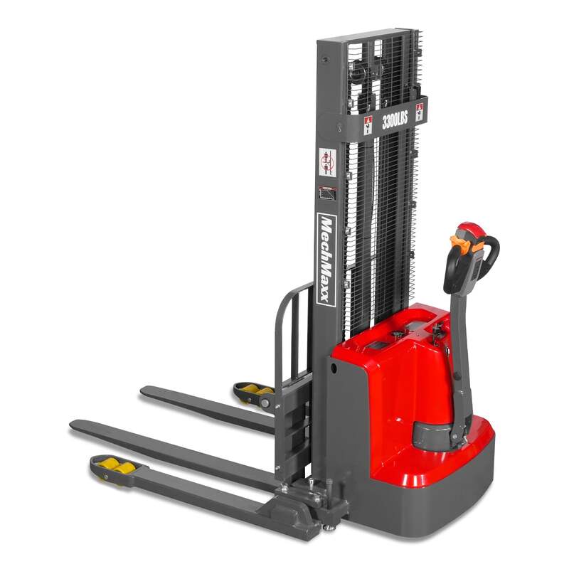 MechMaxx 202009 F33-98S Electric Straddle Stacker 3300 lb Lithium Battery 98" Lift Adjustable Forks & Legs