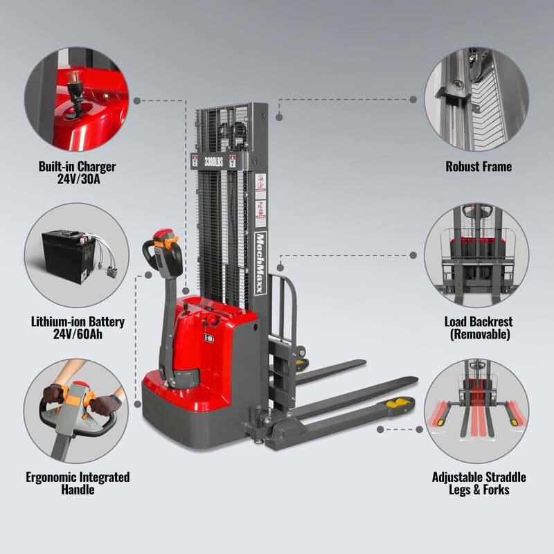 MechMaxx 202009 F33-98S Electric Straddle Stacker 3300 lb Lithium Battery 98" Lift Adjustable Forks & Legs