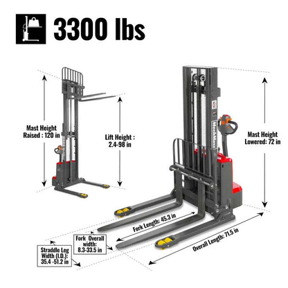 MechMaxx 202009 F33-98S Electric Straddle Stacker 3300 lb Lithium Battery 98" Lift Adjustable Forks & Legs