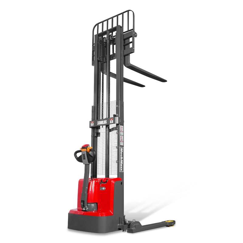 MechMaxx 202009 F33-98S Electric Straddle Stacker 3300 lb Lithium Battery 98" Lift Adjustable Forks & Legs
