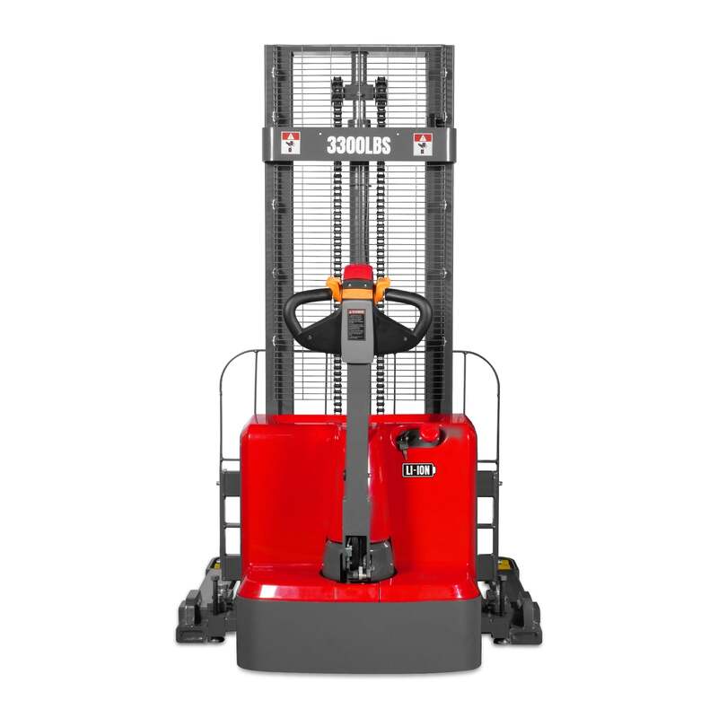 MechMaxx 202009 F33-98S Electric Straddle Stacker 3300 lb Lithium Battery 98" Lift Adjustable Forks & Legs